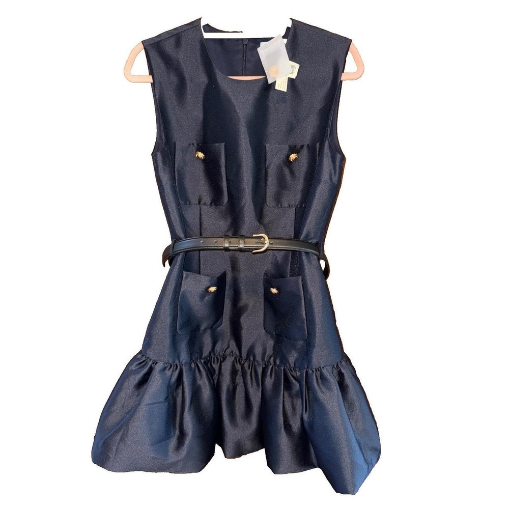Self Portrait Navy Taffeta Mini Dress Belted Bubble Hem PF25-017S-BL 8